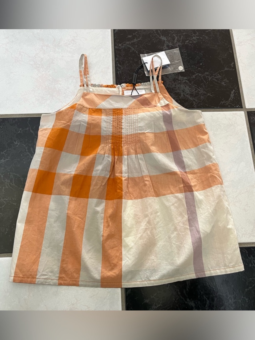 NWT 100% AUTH Burberry Orange and Cream Check Spaghetti-Strap Top Sz 10